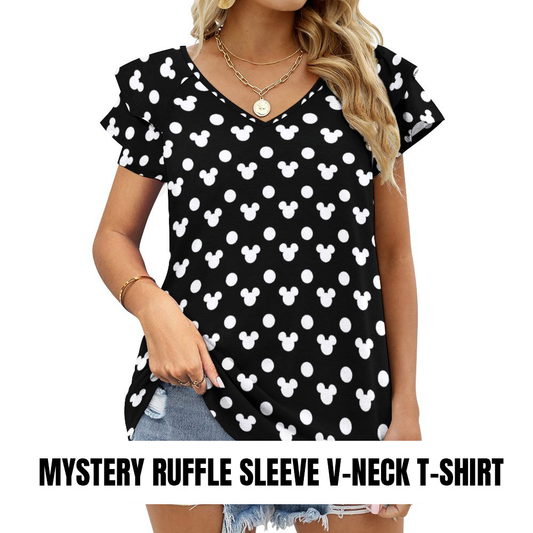 Mystery Women's Ruffle Sleeve V-Neck T-Shirt