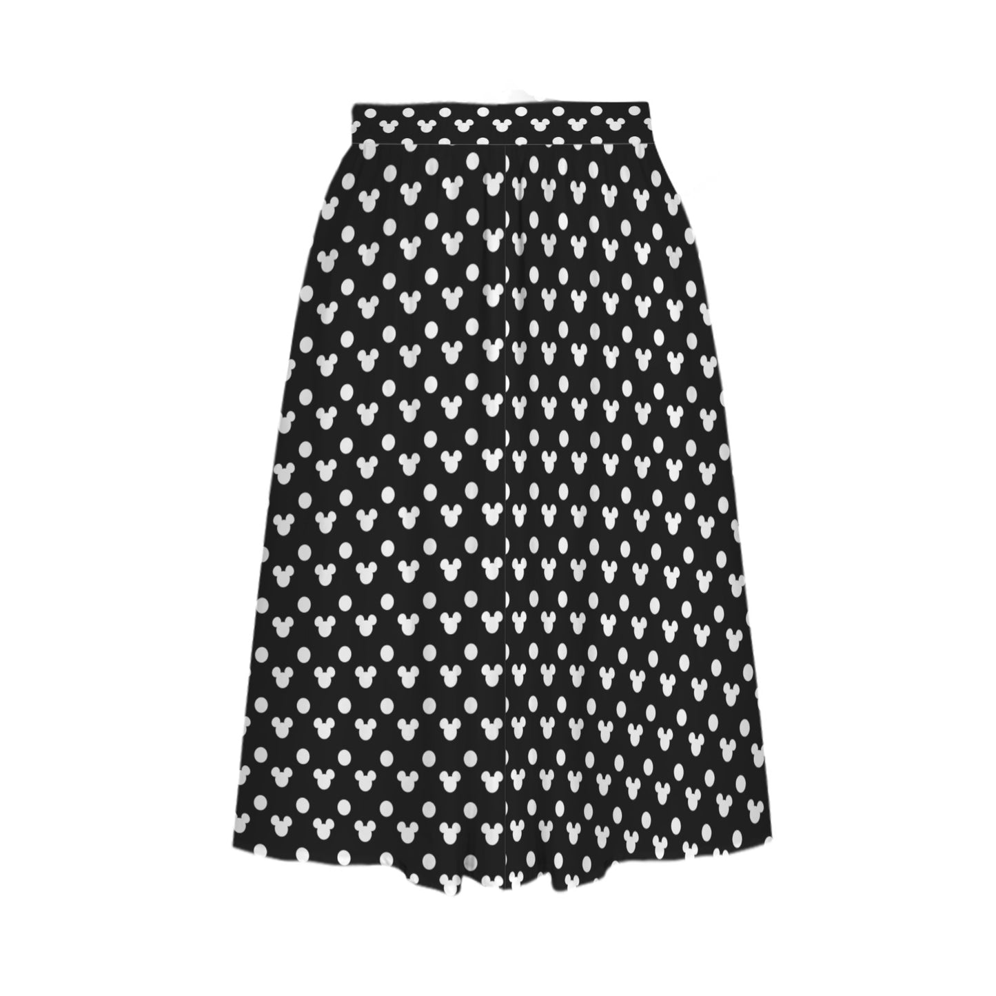 Black With White Mickey Polka Dots Elastic Waist Midi Skirt With Pockets