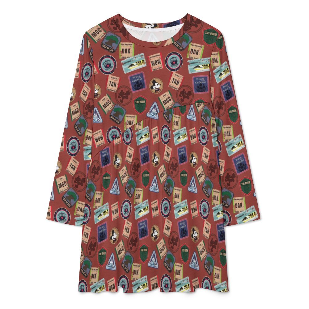 Vintage Travel Long Sleeve Patchwork T-shirt Dress