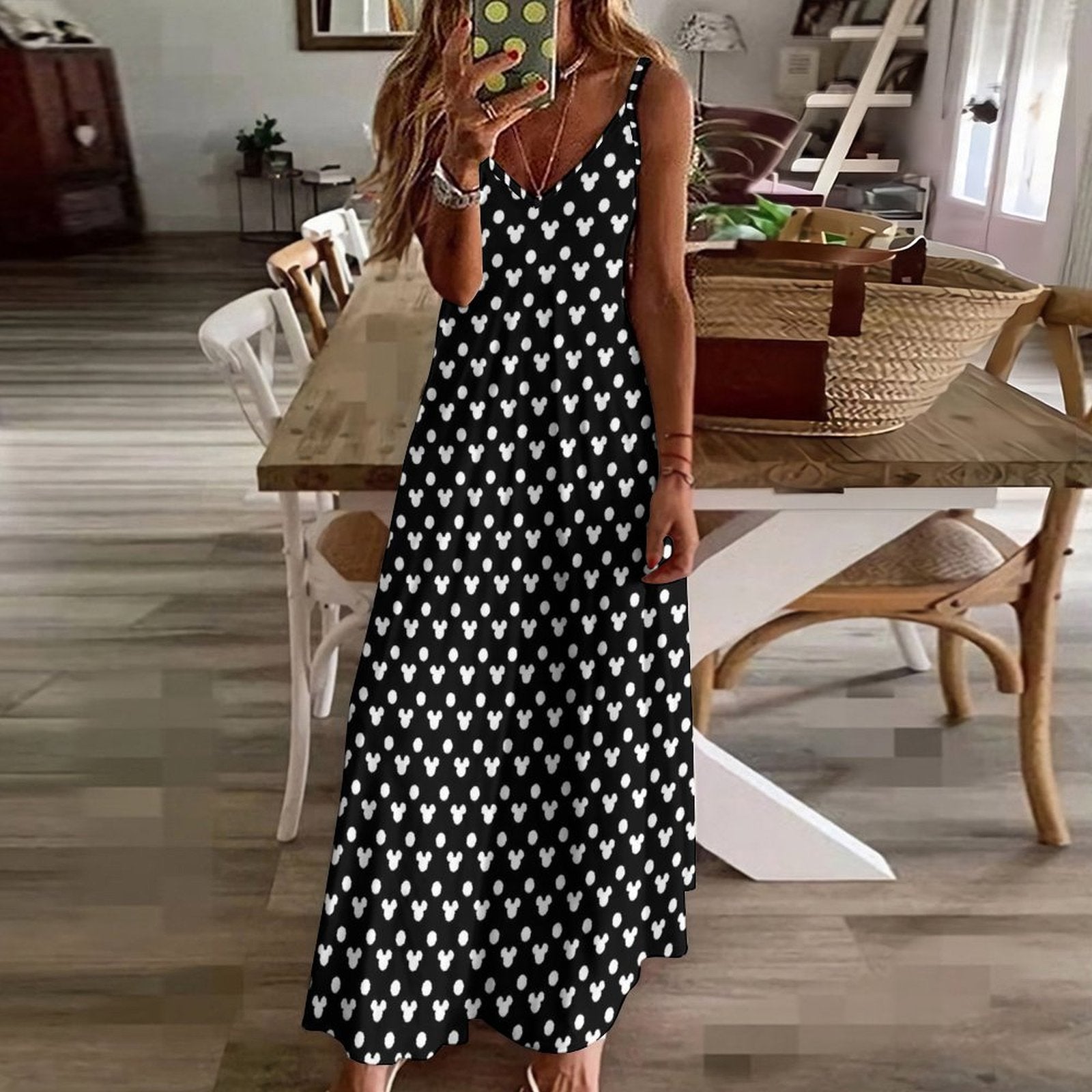 mickey summer woman dresses Black With White Mickey Polka Dots Women's Summer Slip Long Dress – Ambrie
