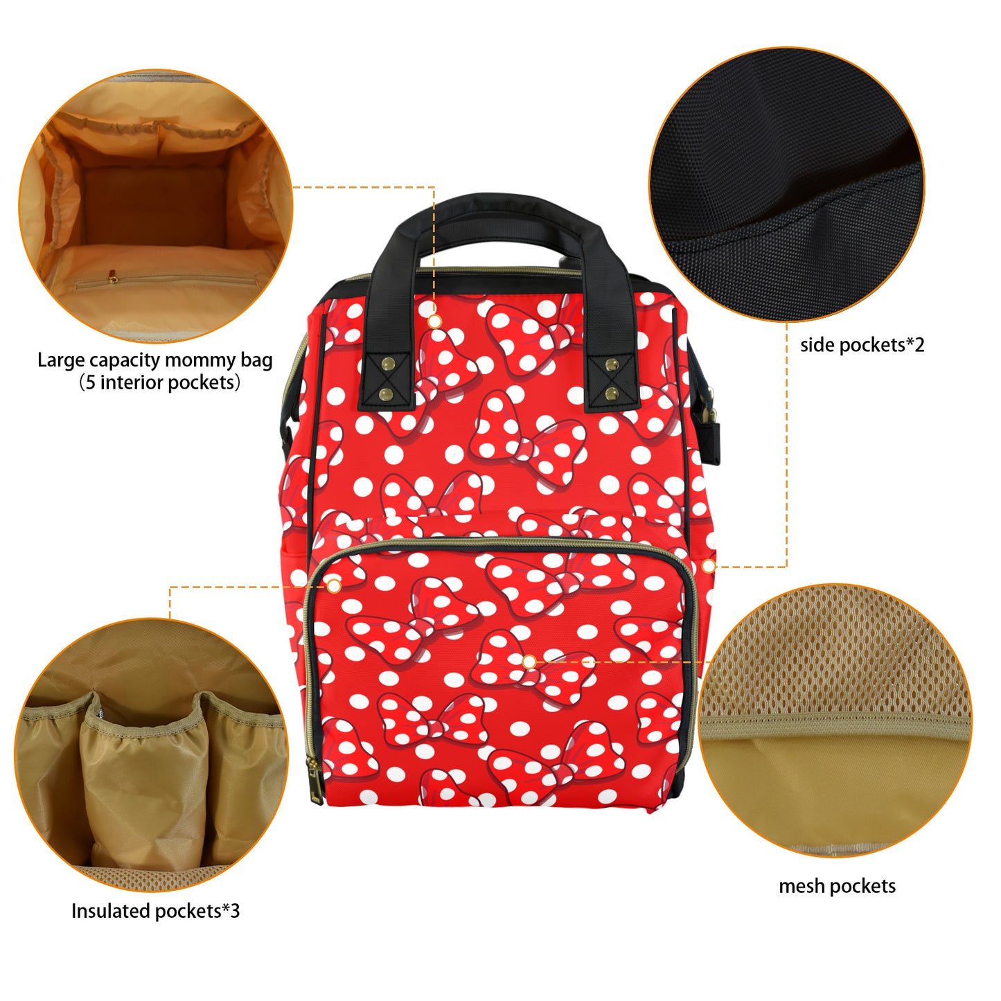 Red With White Polka Dot And Bows Multi-Function Diaper Bag