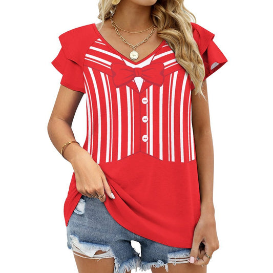 Dapper Dan Red Women's Ruffle Sleeve V-Neck T-Shirt