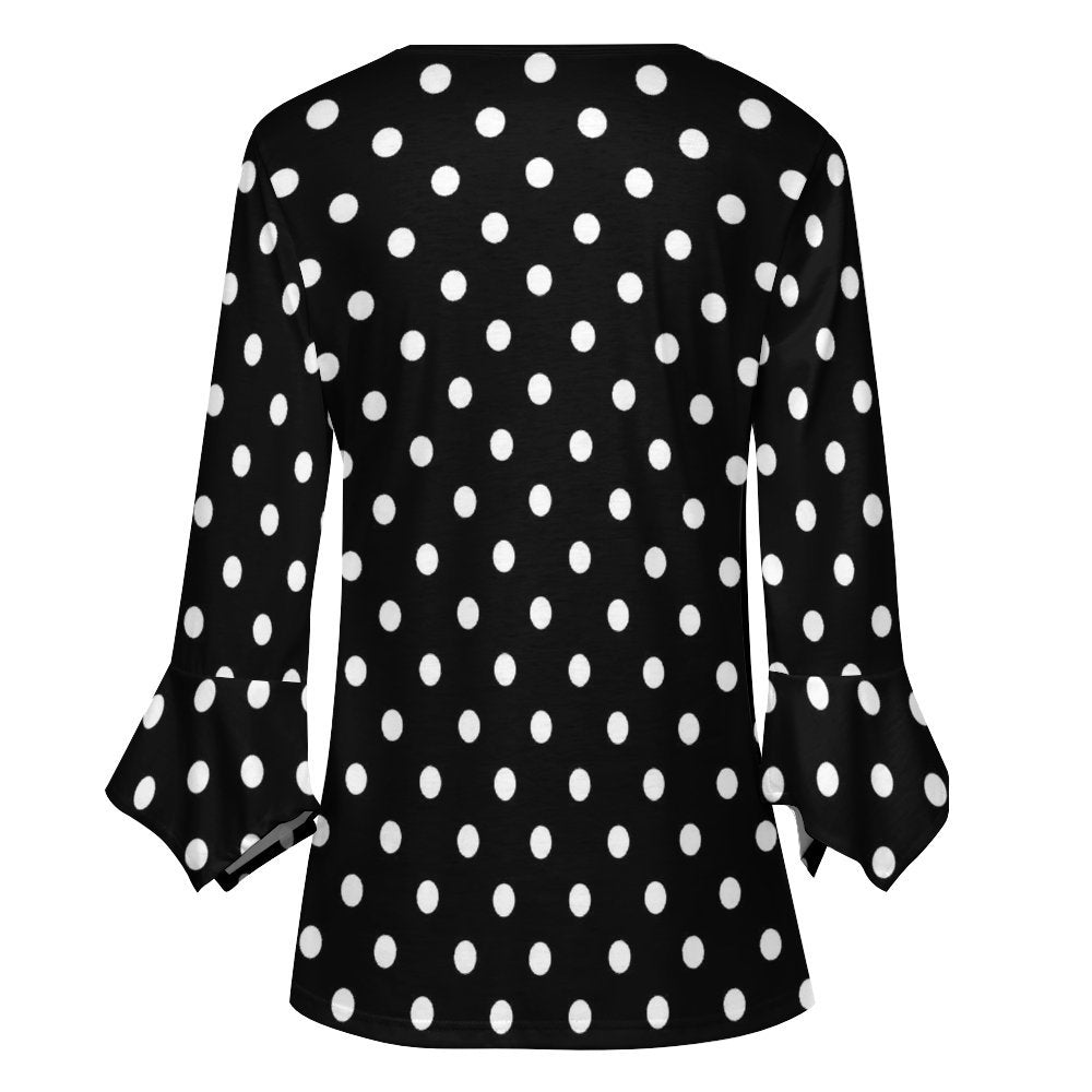 Black With White Polka Dots Women's Ruffled Petal Sleeve Top