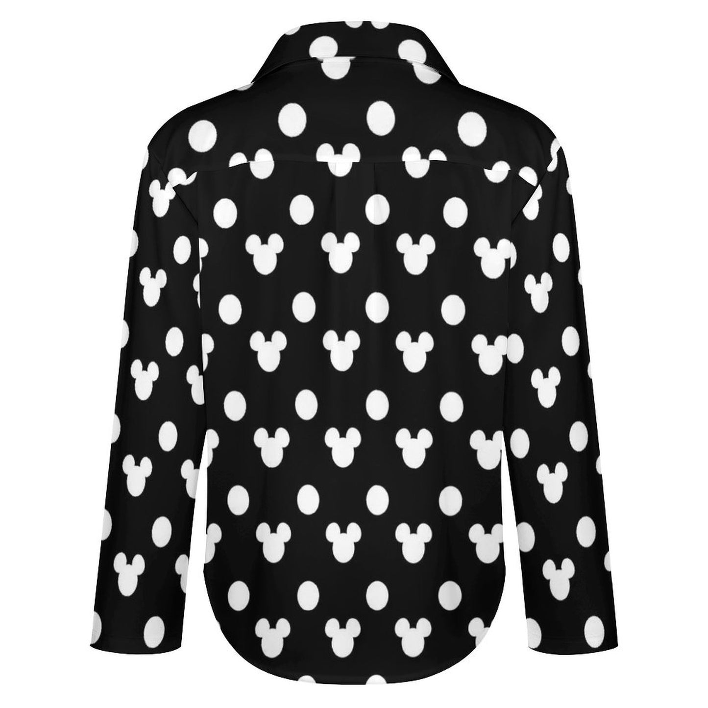 Black With White Mickey Polka Dots Long Sleeve Button Up Blouse