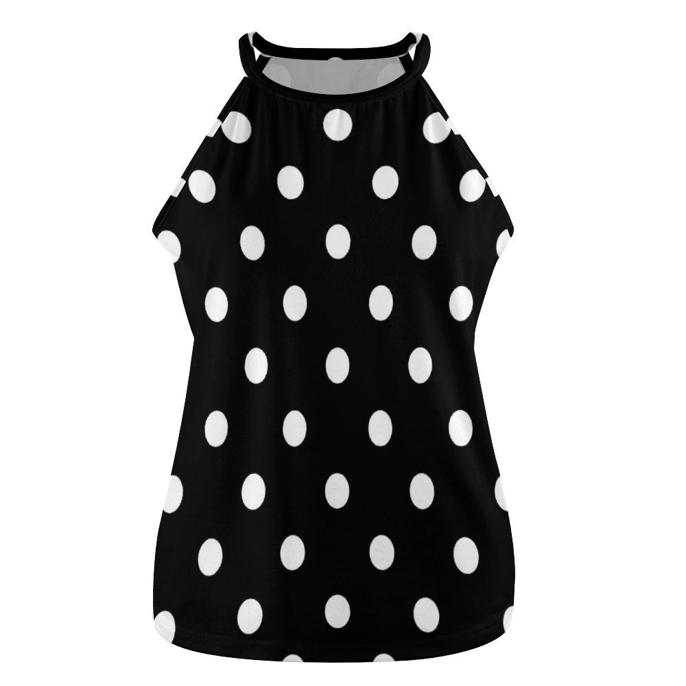 Black With White Polka Dots Women's Round-Neck Vest Tank Top
