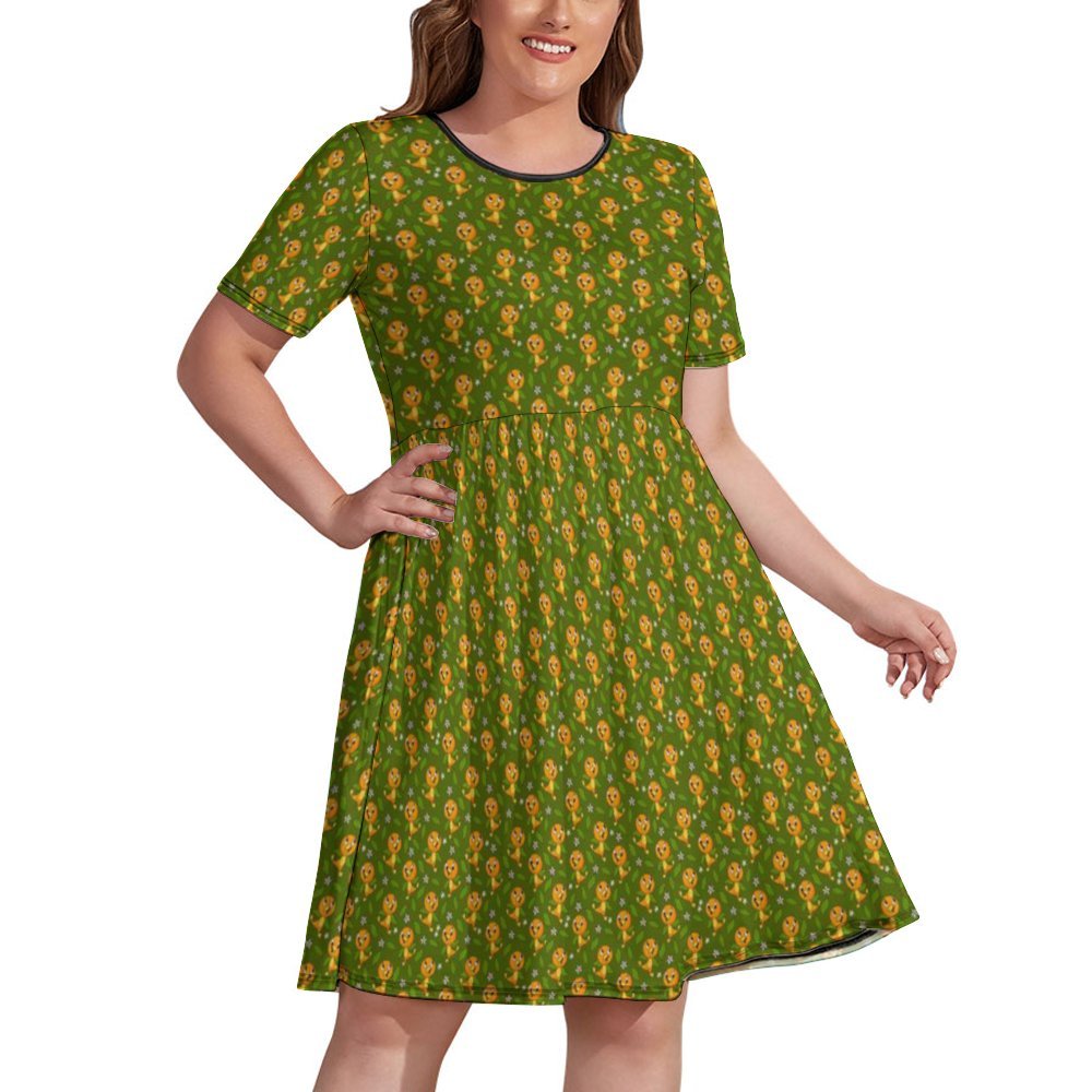 Orange Bird Women's Round Neck Plus Size Dress With Pockets