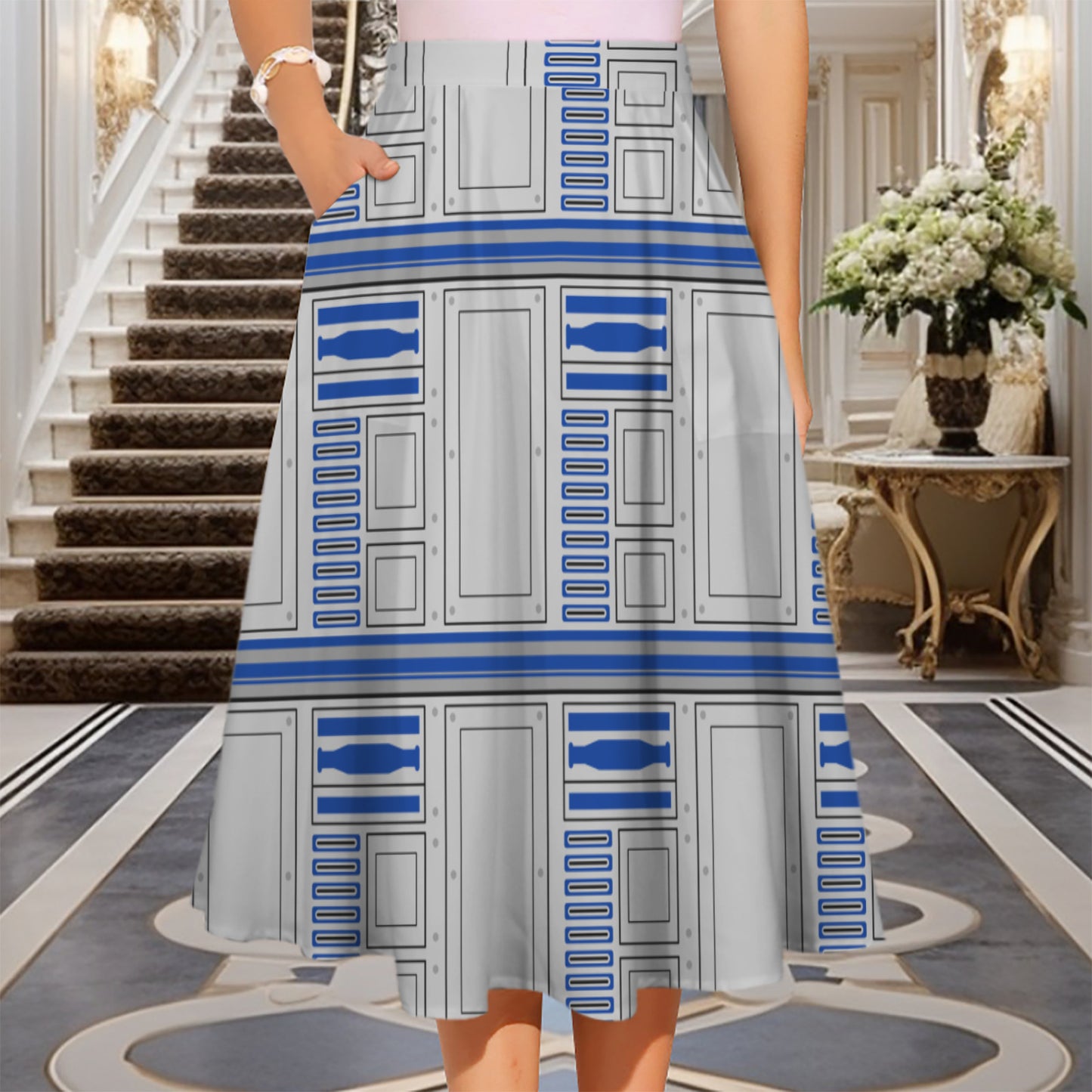 R2D2 Elastic Waist Midi Skirt With Pockets
