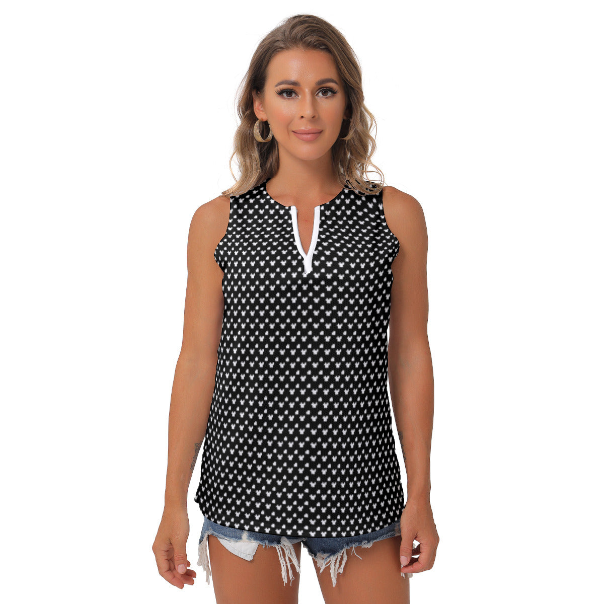 Black With White Mickey Polka Dots Women's Sleeveless V-Neck Top