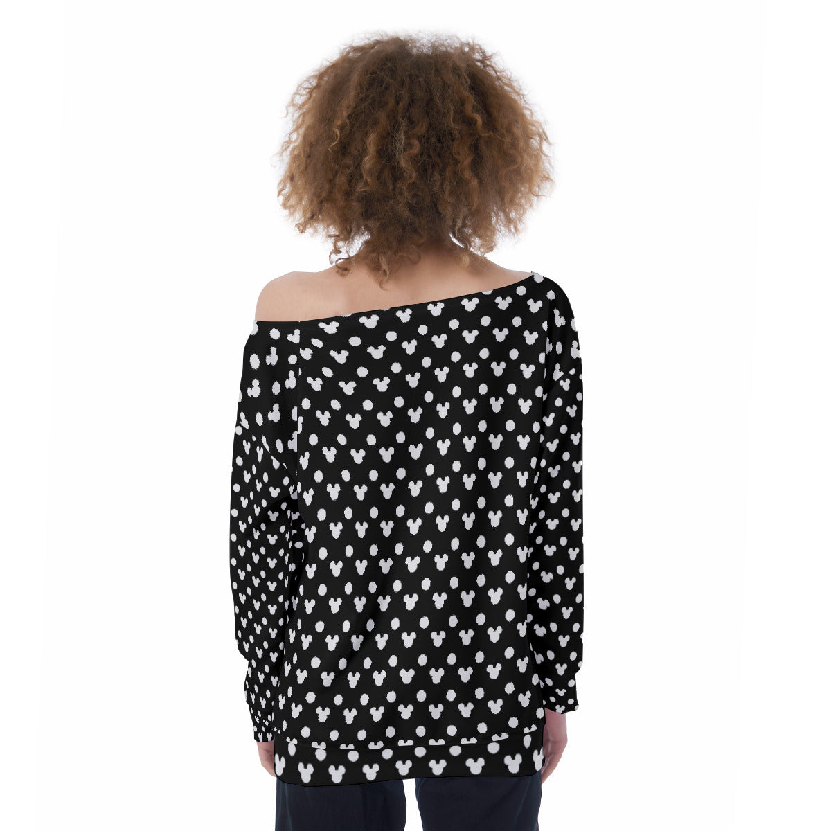 Black With White Mickey Polka Dots Oversized Women's Off-Shoulder Sweatshirt