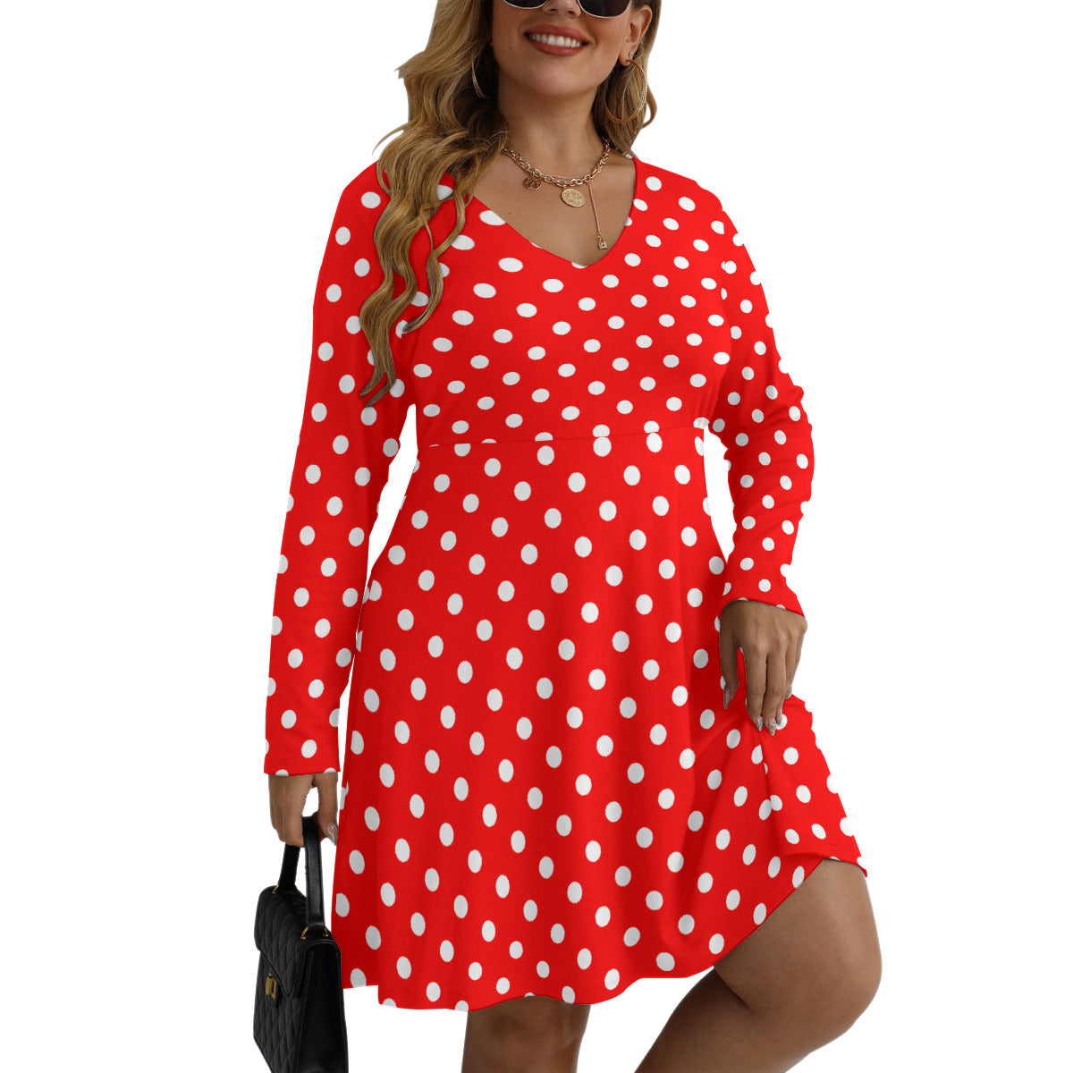 Red With White Polka Dots Plus Size Women's V-neck Long Sleeve Dress