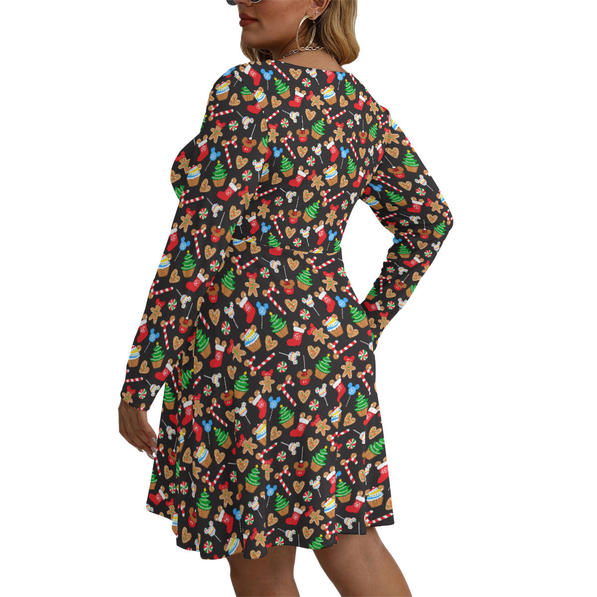 Christmas Snacks Plus Size Women's V-neck Long Sleeve Dress