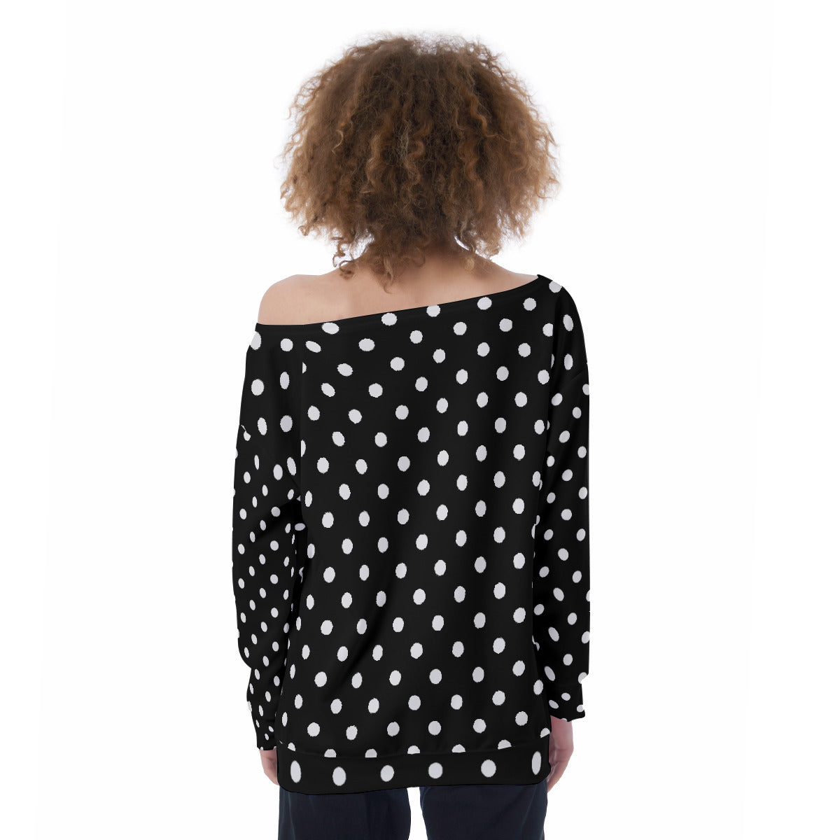 Black With White Polka Dots Oversized Women's Off-Shoulder Sweatshirt