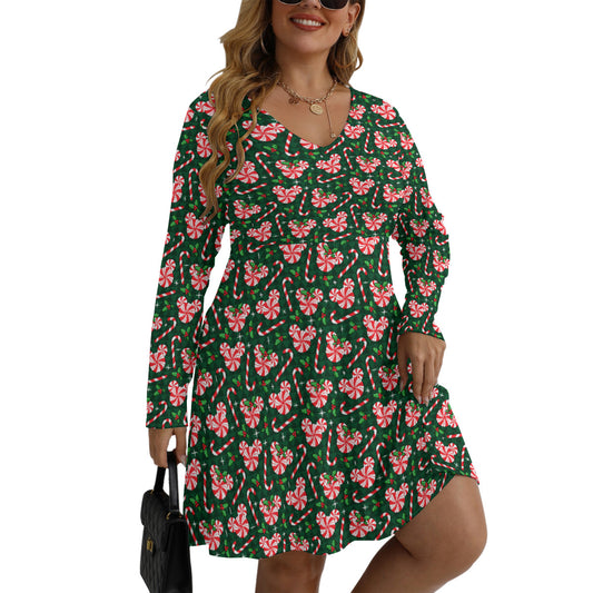 Christmas Peppermint Plus Size Women's V-neck Long Sleeve Dress