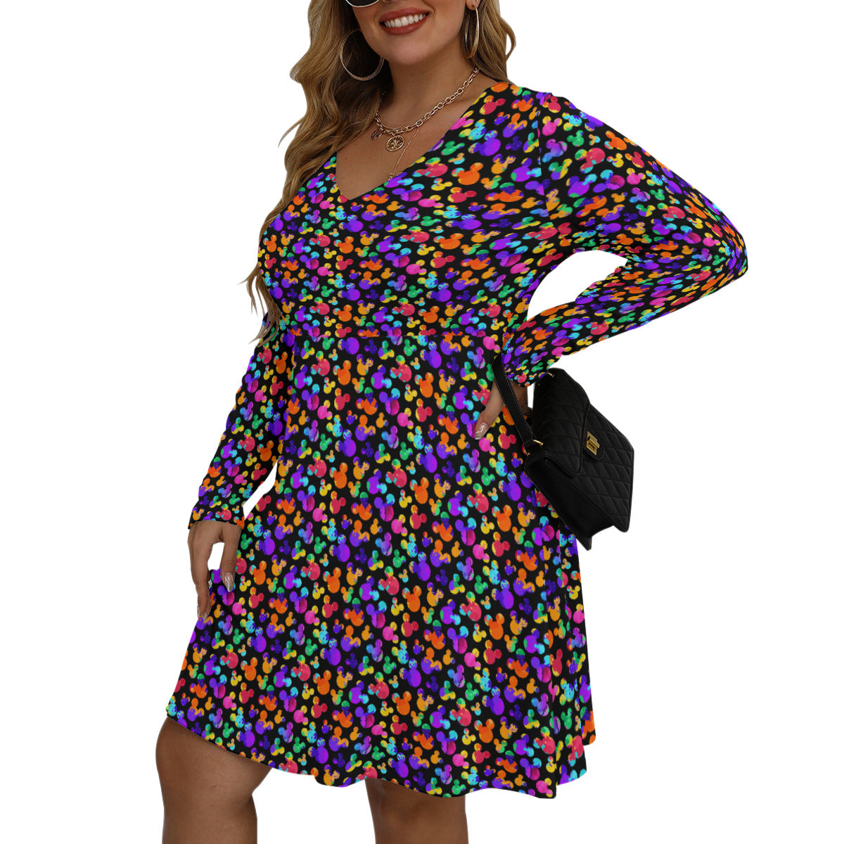 Watercolor Plus Size Women's V-neck Long Sleeve Dress