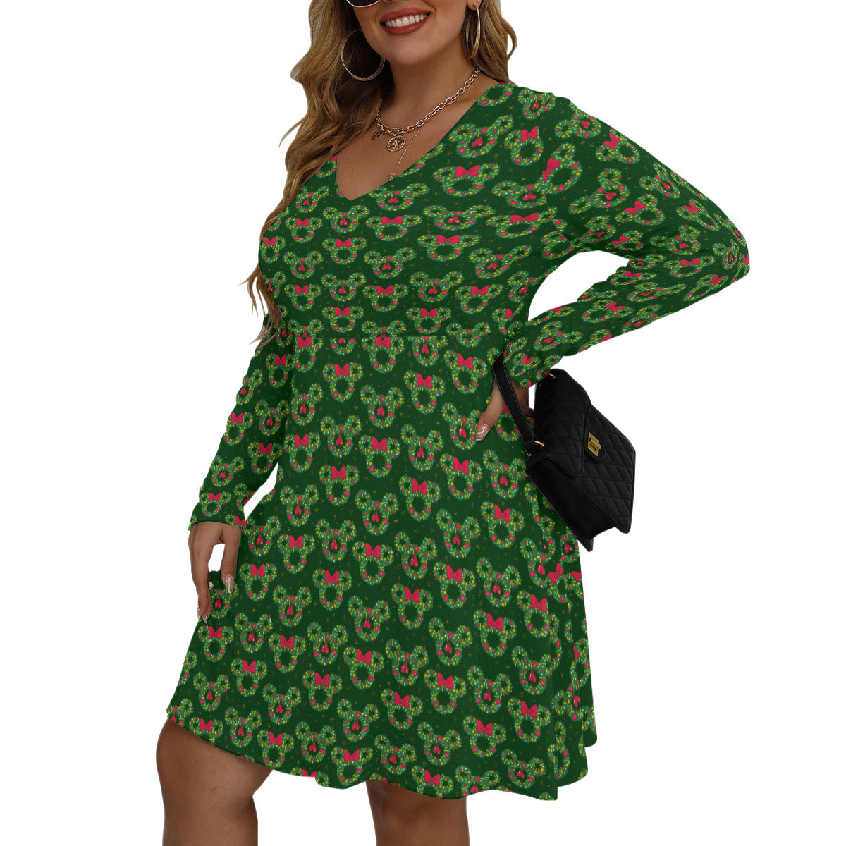 Christmas Wreaths Plus Size Women's V-neck Long Sleeve Dress