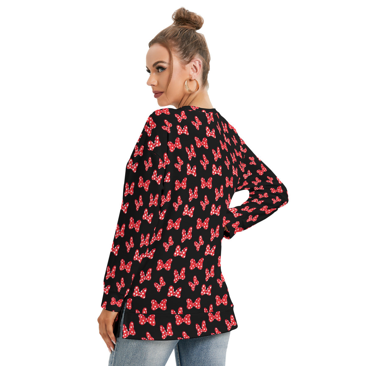 Polka Dot Bows Women's Side Split O-neck Sweatshirt With Pockets