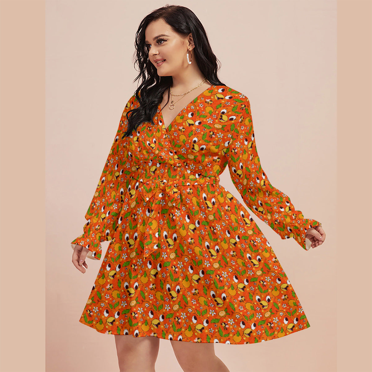 Orange Bird Women's Plus Size V-neck Dress With Waistband