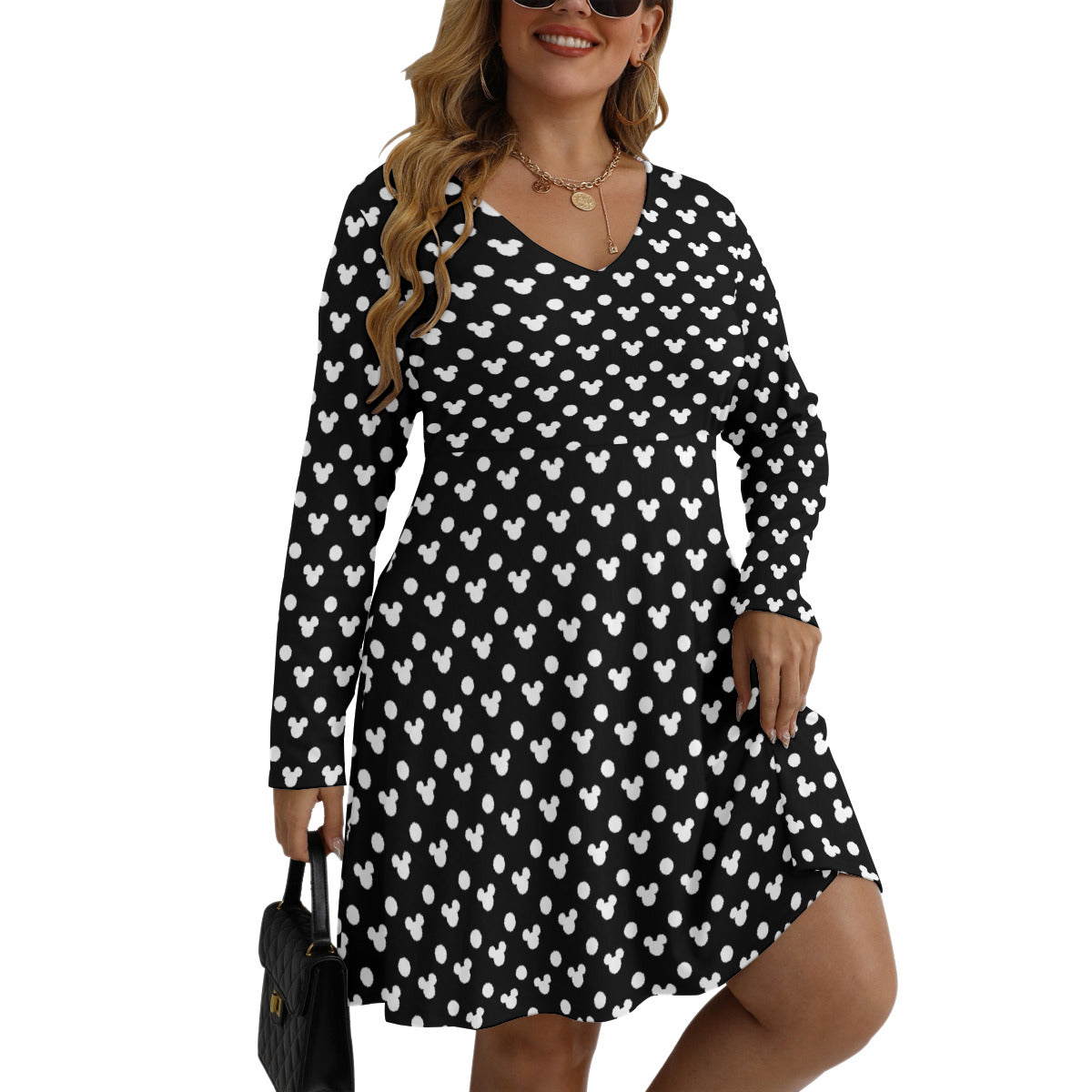 Black With White Mickey Polka Dots Plus Size Women's V-neck Long Sleeve Dress