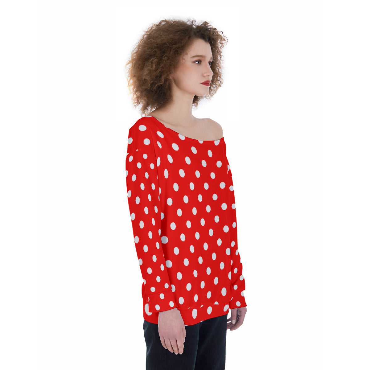 Red With White Polka Dots Oversized Women's Off-Shoulder Sweatshirt