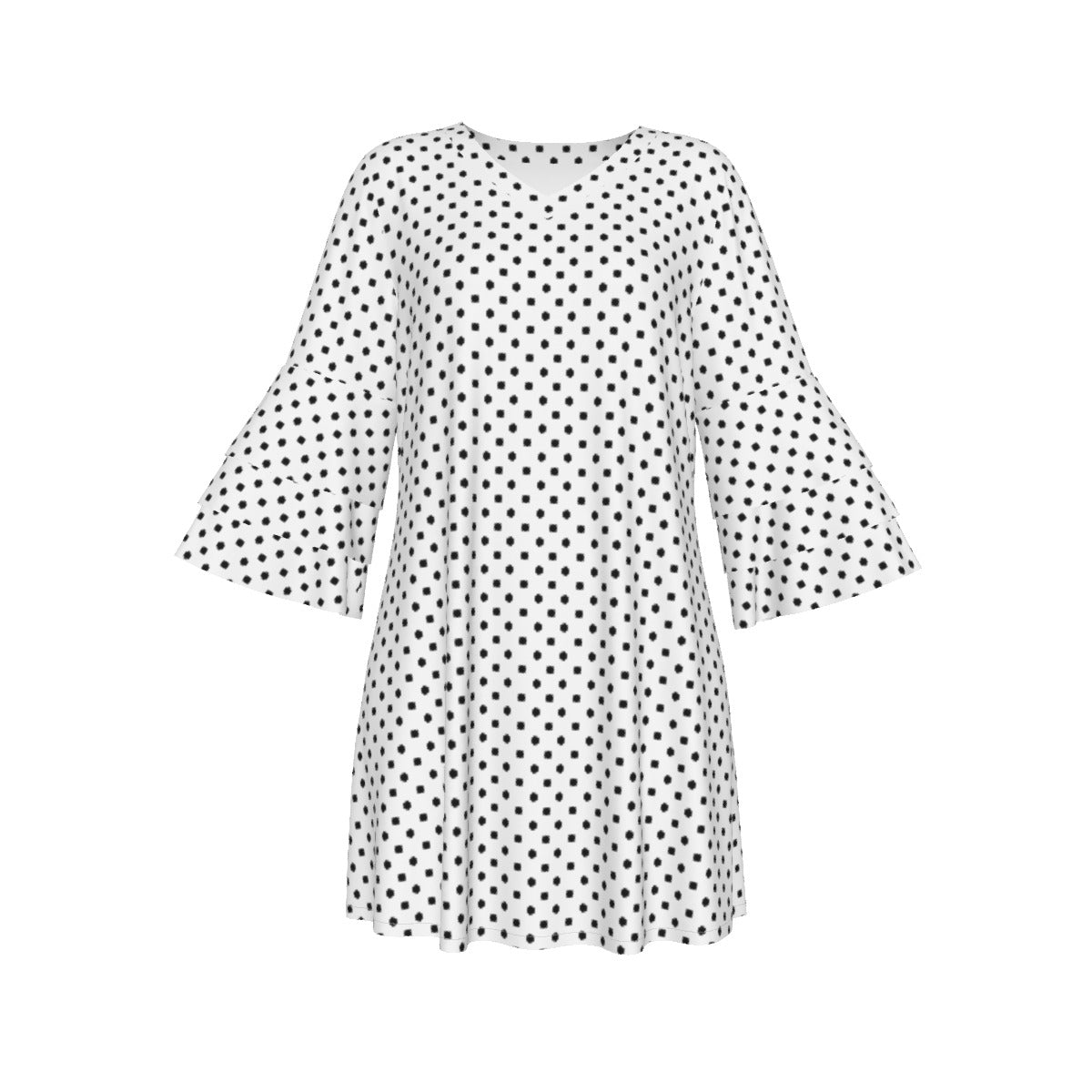 White With Black Polka Dots Women's Stacked Ruffle Sleeve Dress