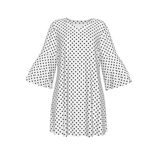 White With Black Polka Dots Women's Stacked Ruffle Sleeve Dress