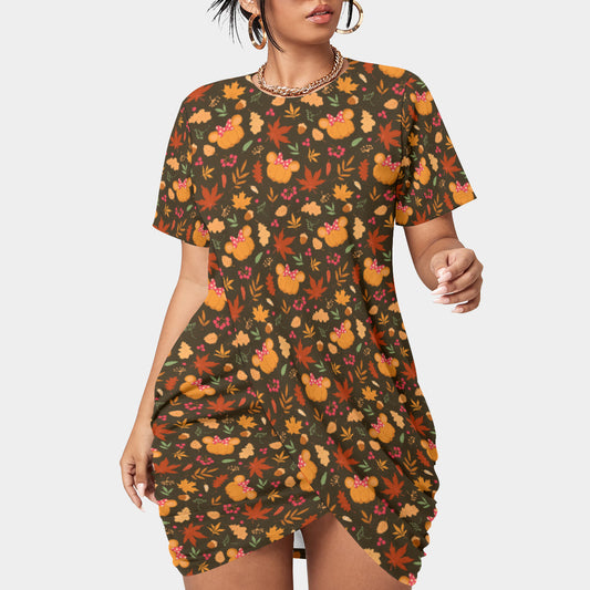 Fall Pumpkins Women’s Plus Size Stacked Hem Dress With Short Sleeve