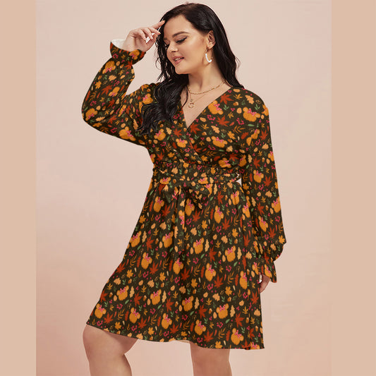 Fall Pumpkins Women's Plus Size V-neck Dress With Waistband