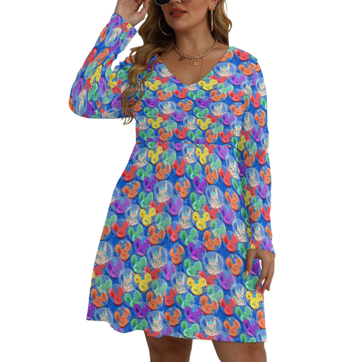 Balloon Collector Plus Size Women's V-neck Long Sleeve Dress