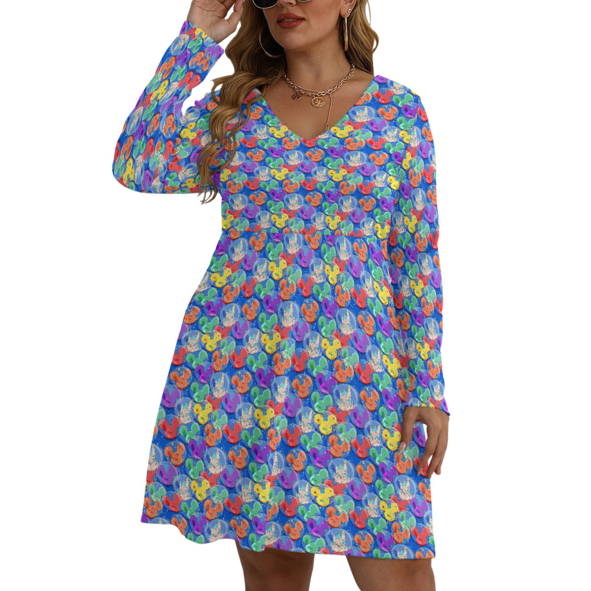 Balloon Collector Plus Size Women's V-neck Long Sleeve Dress