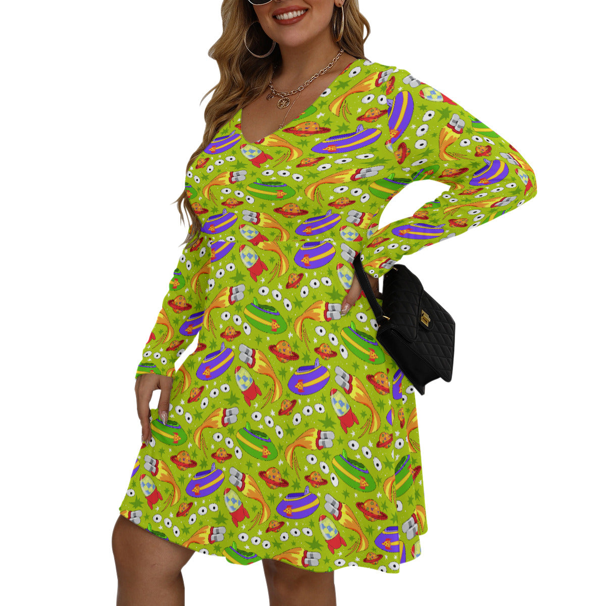 Aliens Plus Size Women's V-neck Long Sleeve Dress