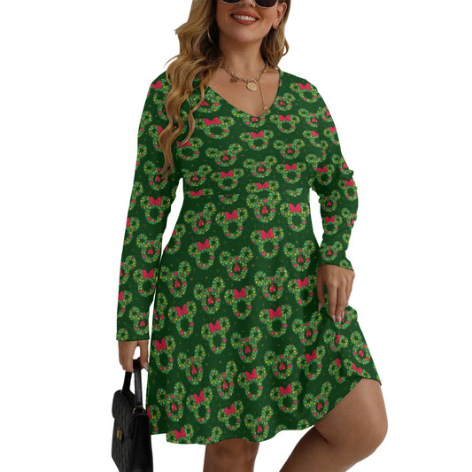 Christmas Wreaths Plus Size Women's V-neck Long Sleeve Dress