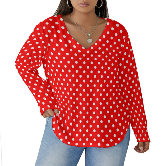 Red With White Polka Dots Women's Plus Size V-Neck T-Shirt With Curved Hem