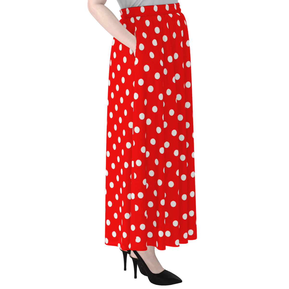 Red With White Polka Dots Women's Maxi Chiffon Skirt