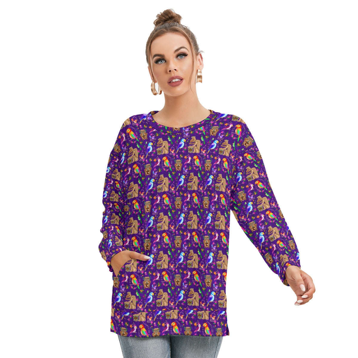 Tiki Plays The Drums Women's Side Split O-neck Sweatshirt With Pockets