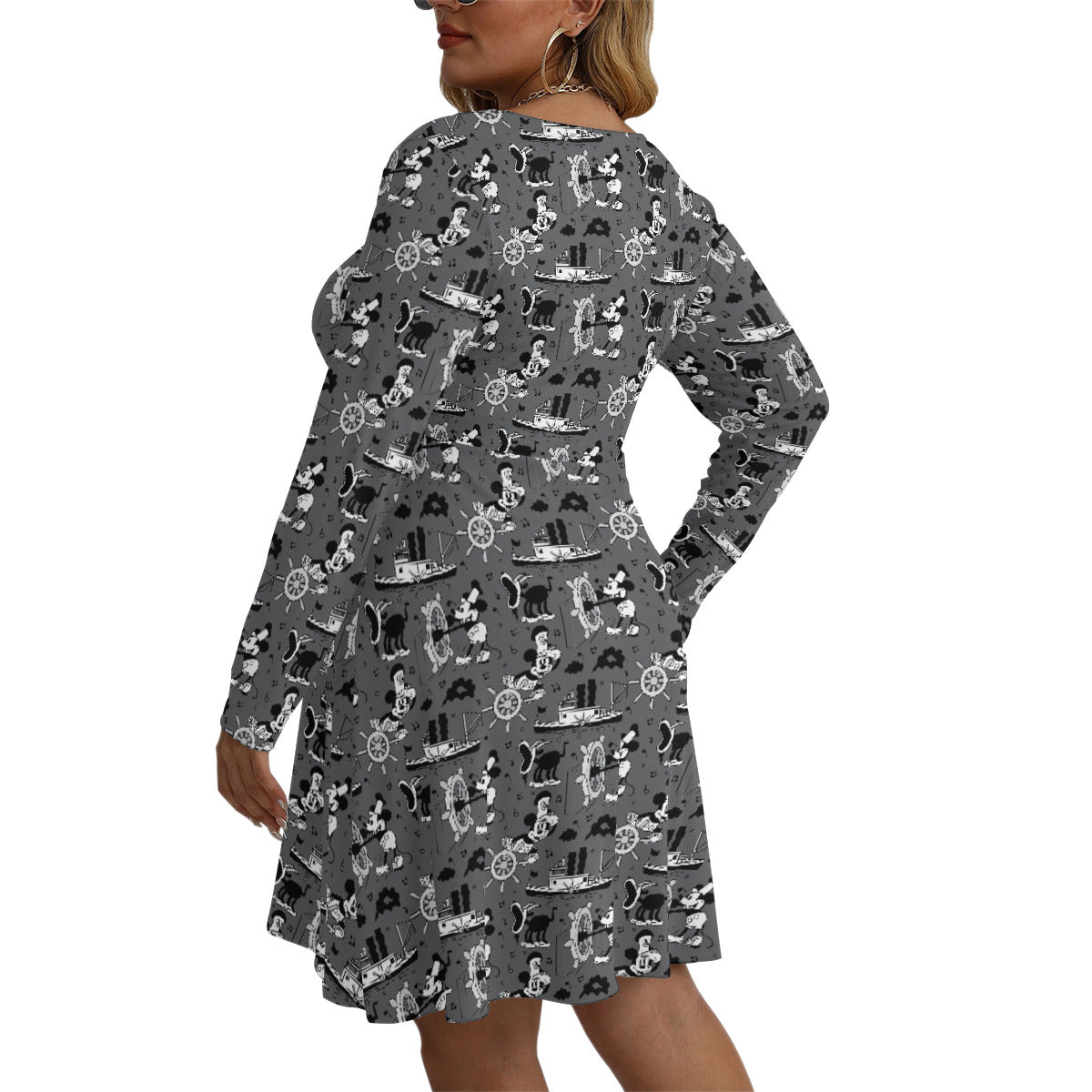 Steamboat Mickey Plus Size Women's V-neck Long Sleeve Dress