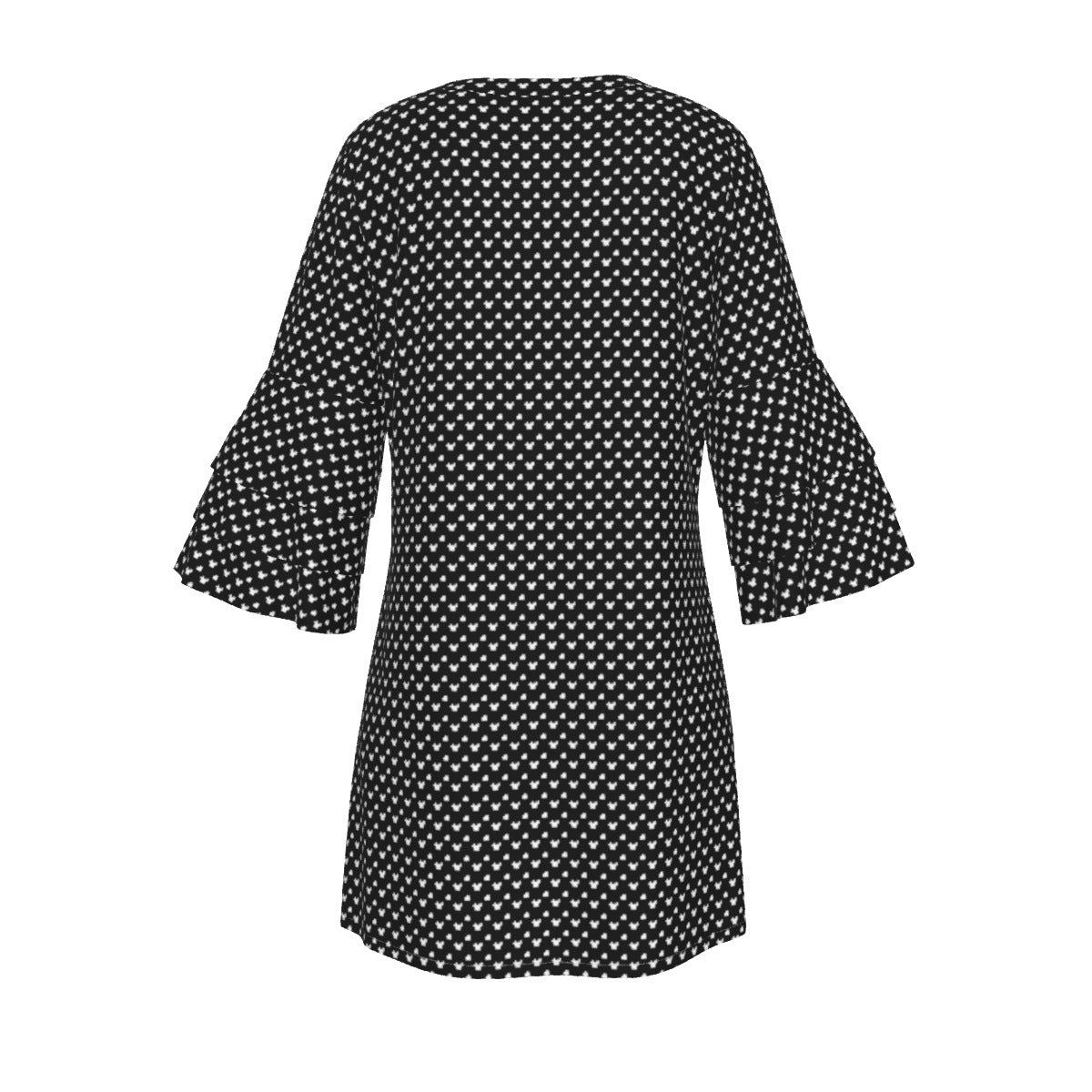 Black With White Mickey Polka Dots Women's Stacked Ruffle Sleeve Dress