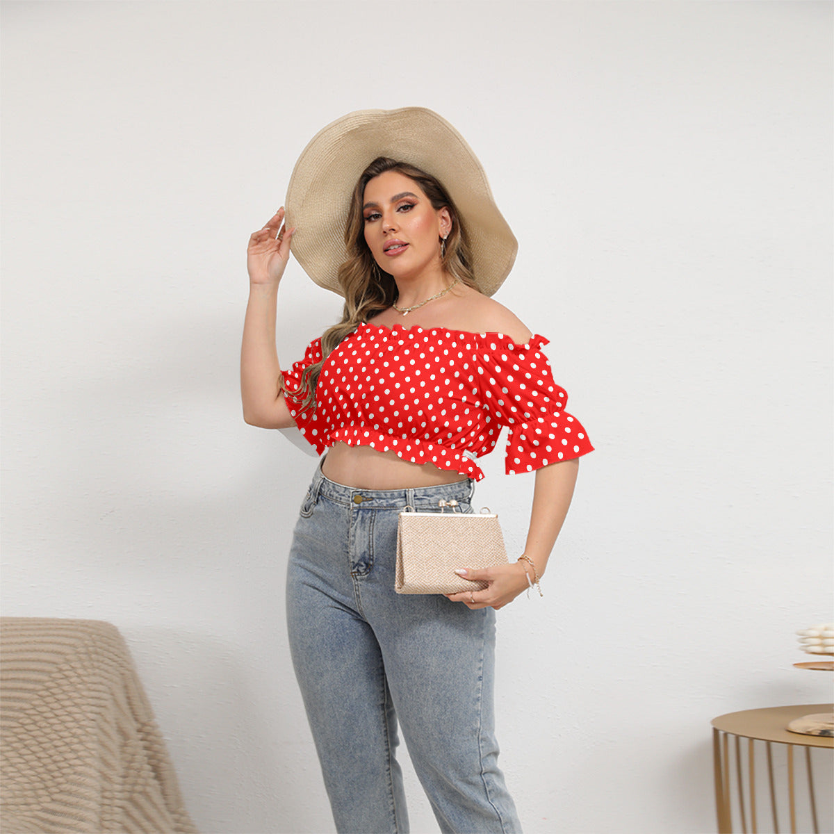 Red With White Polka Dots Women's Off-Shoulder Cropped Top With Short Puff Sleeve