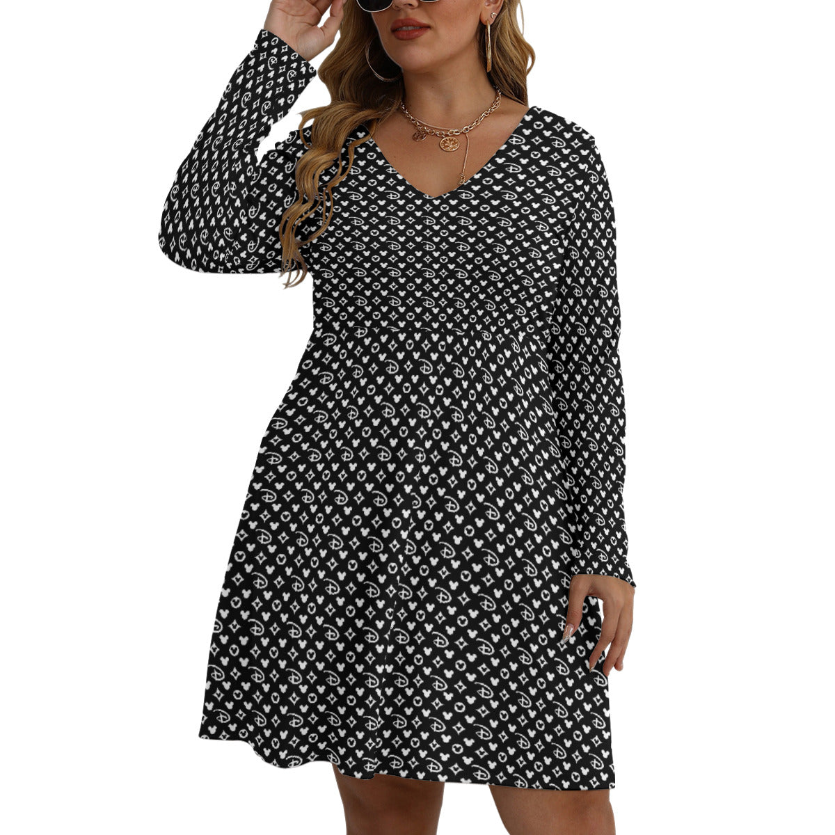 Designer Plus Size Women's V-neck Long Sleeve Dress