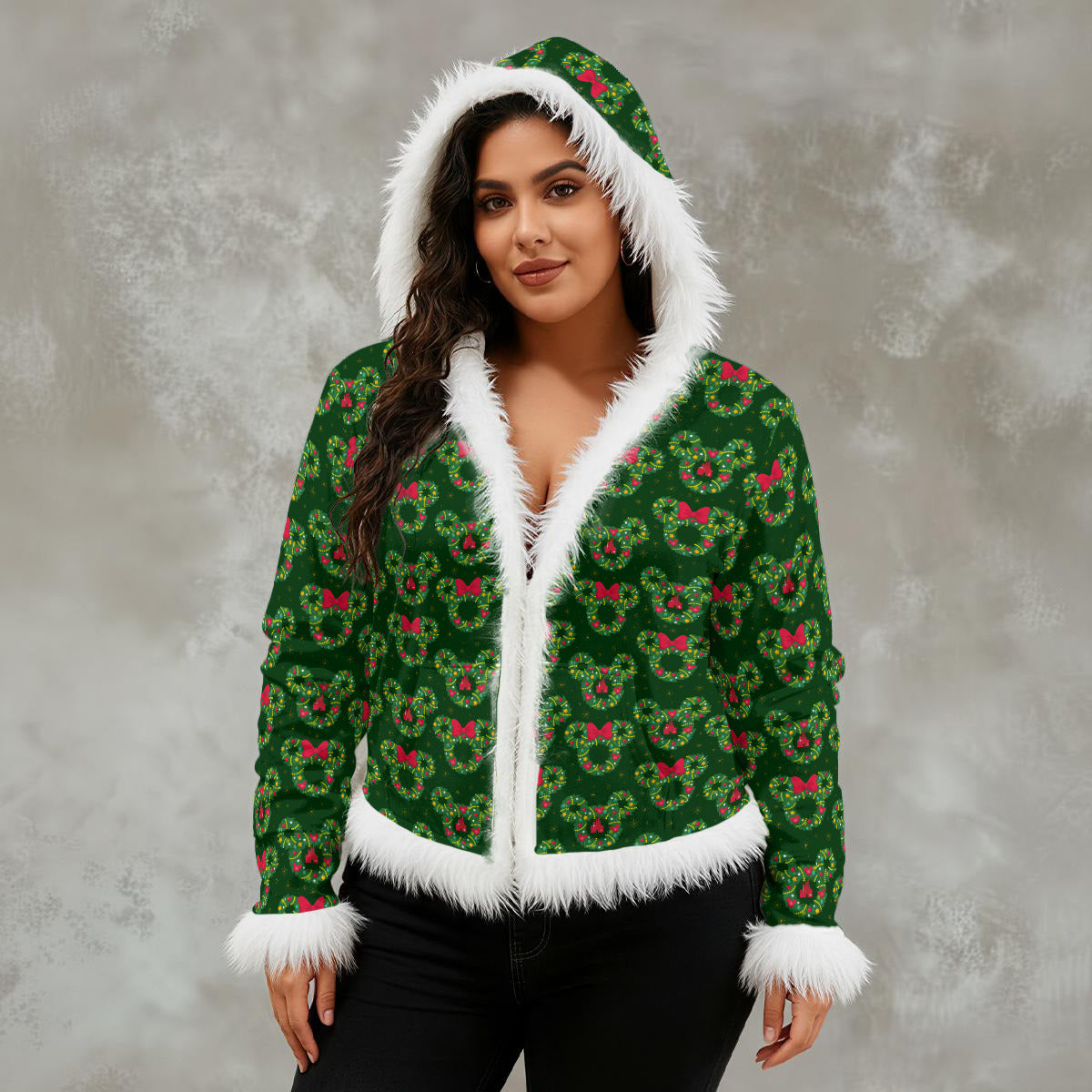 Christmas Wreathes Women's Faux Fur Trim Hooded Jacket