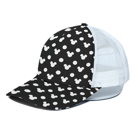 Black With White Mickey Polka Dots Unisex Trucker Hat With White Half Mesh