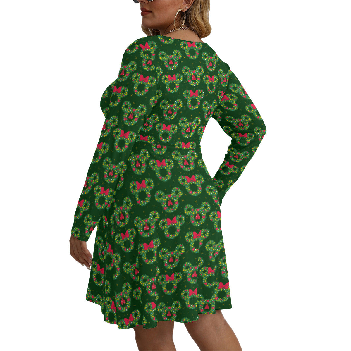 Christmas Wreaths Plus Size Women's V-neck Long Sleeve Dress