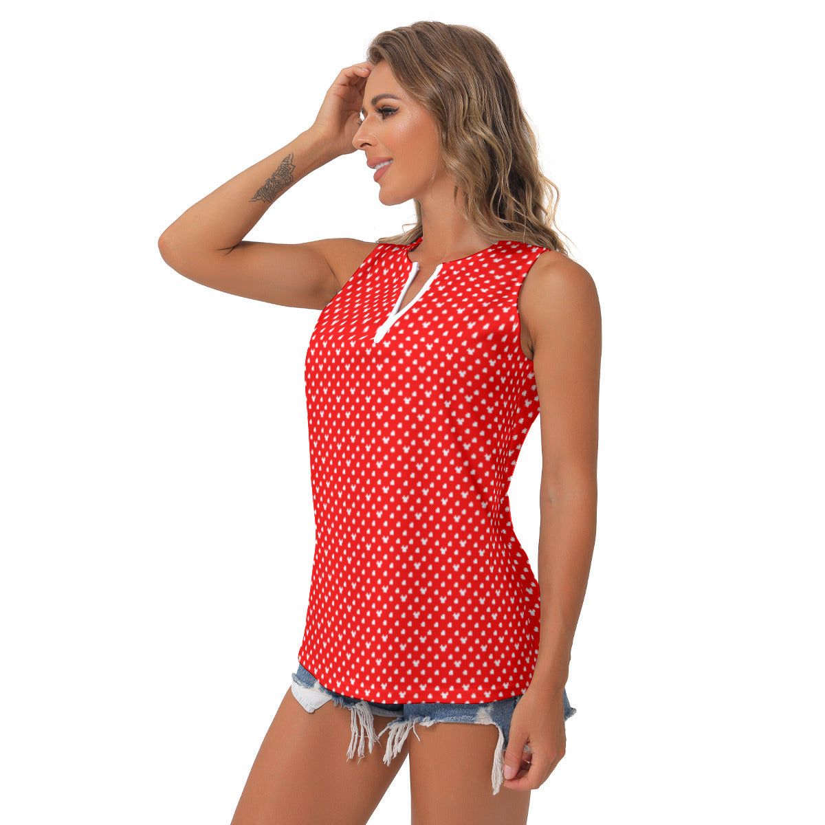 Red With White Mickey Polka Dots Women's Sleeveless V-Neck Top