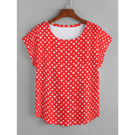 Red With White Mickey Polka Dots Plus Size Women's Curved Hem T-shirt