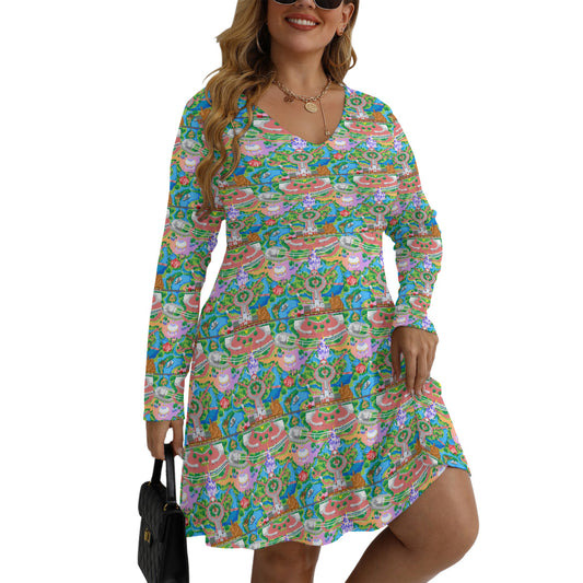 Park Map Plus Size Women's V-neck Long Sleeve Dress