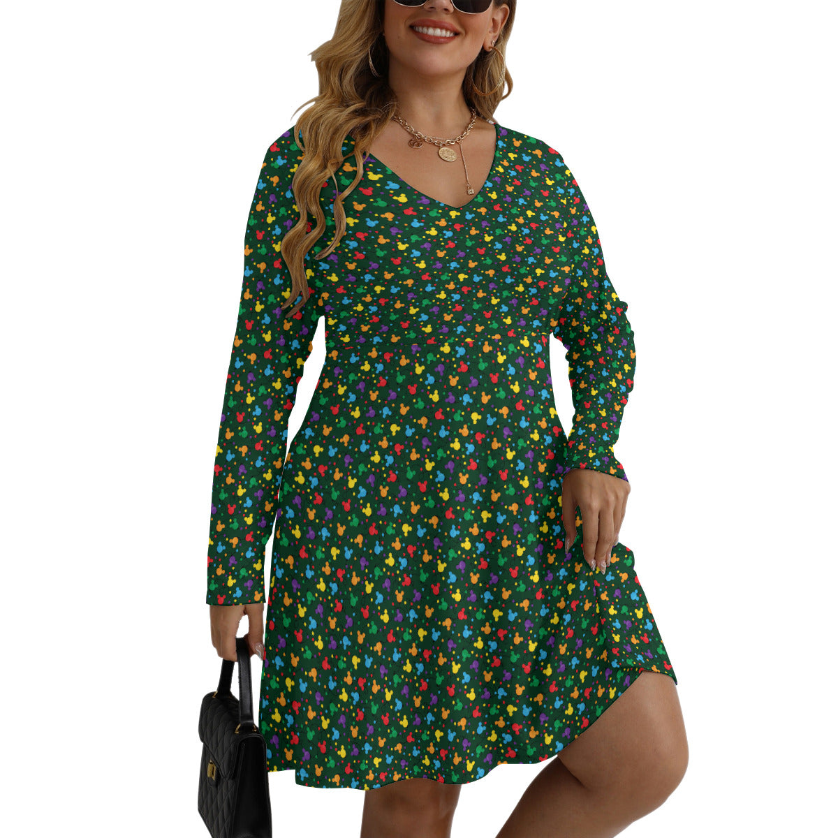 Christmas Lights Plus Size Women's V-neck Long Sleeve Dress