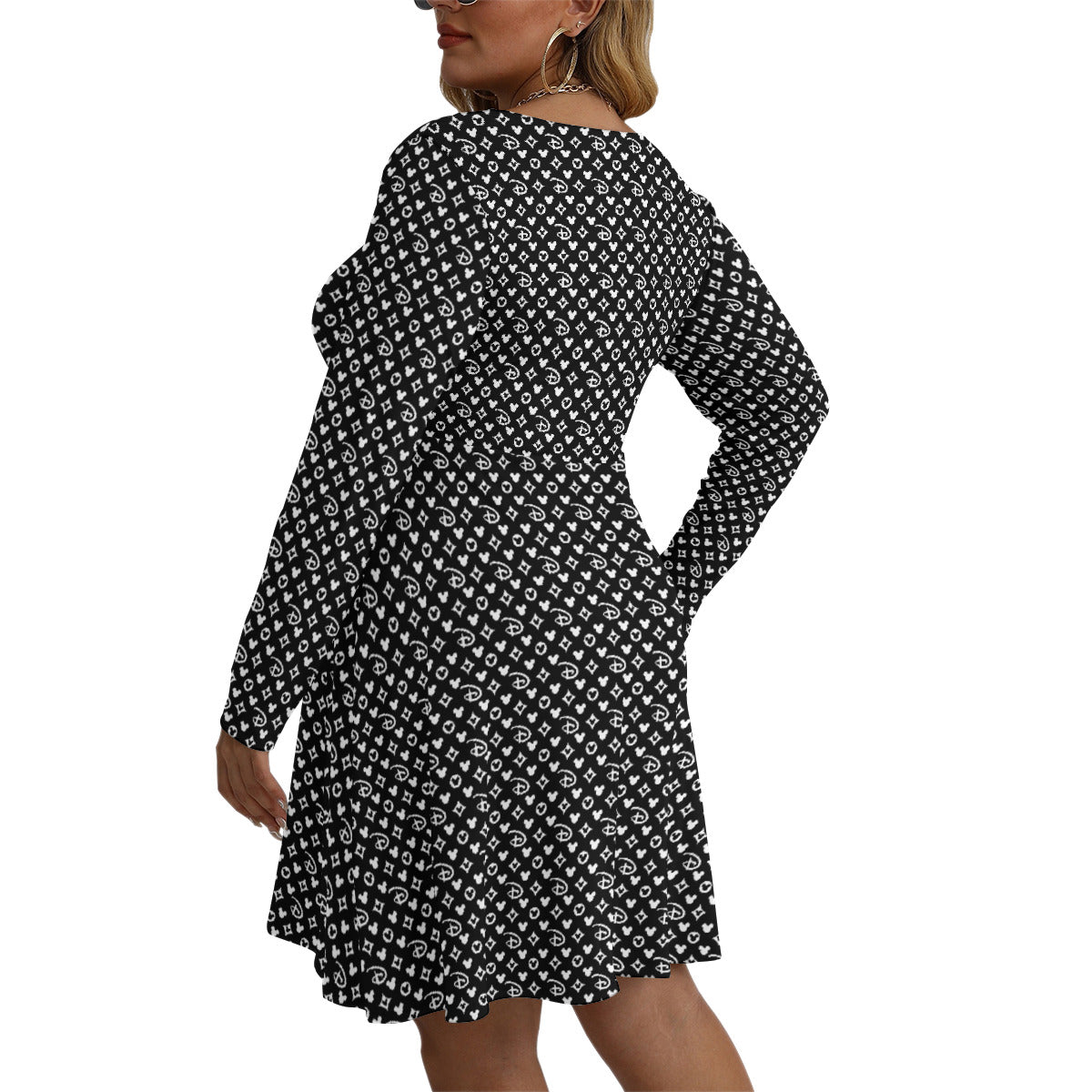 Designer Plus Size Women's V-neck Long Sleeve Dress