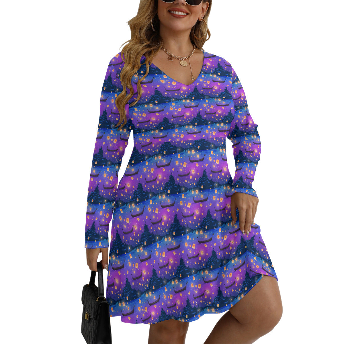 Floating Lanterns Plus Size Women's V-neck Long Sleeve Dress