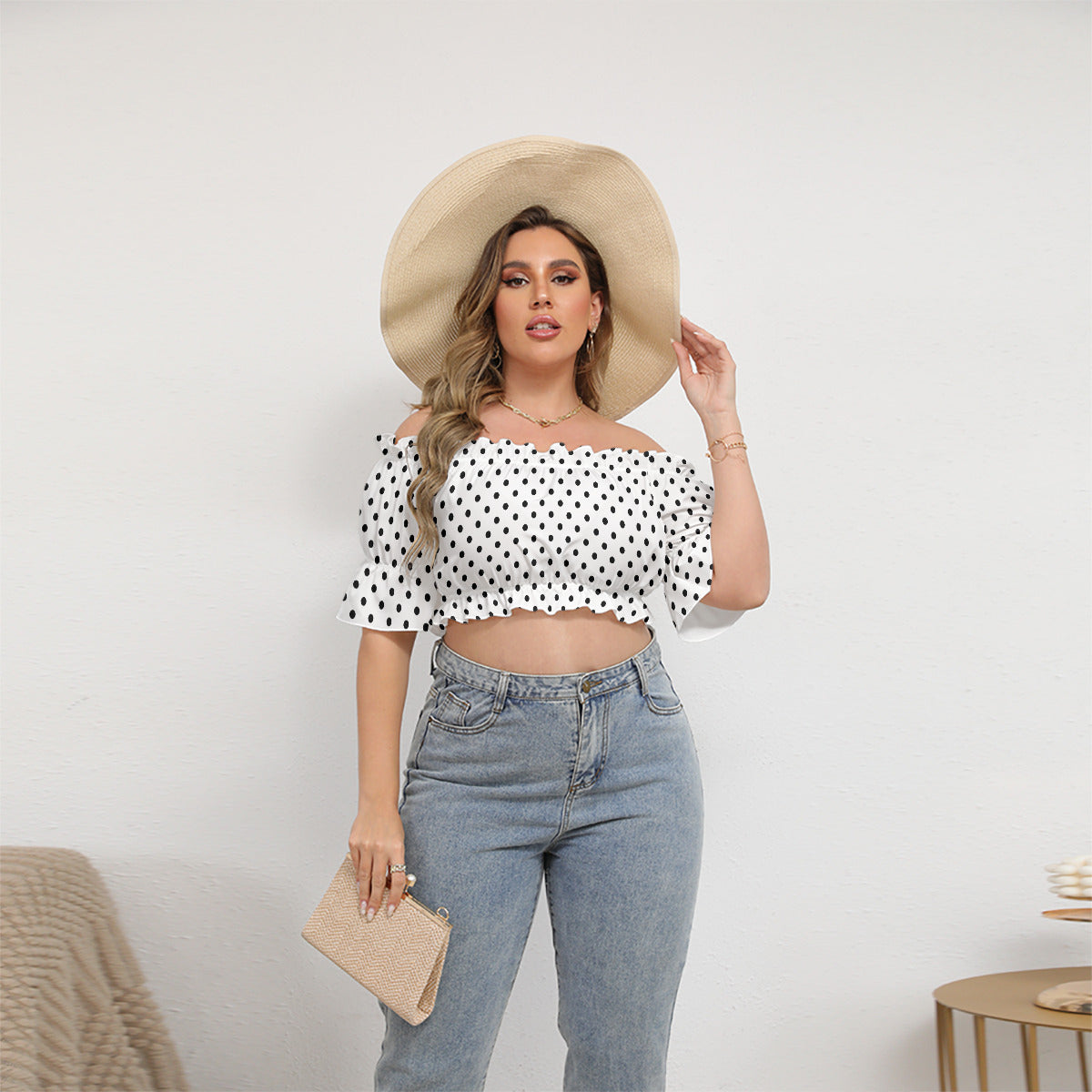 White With Black Polka Dots Women's Off-Shoulder Cropped Top With Short Puff Sleeve