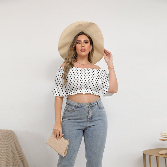 White With Black Polka Dots Women's Off-Shoulder Cropped Top With Short Puff Sleeve