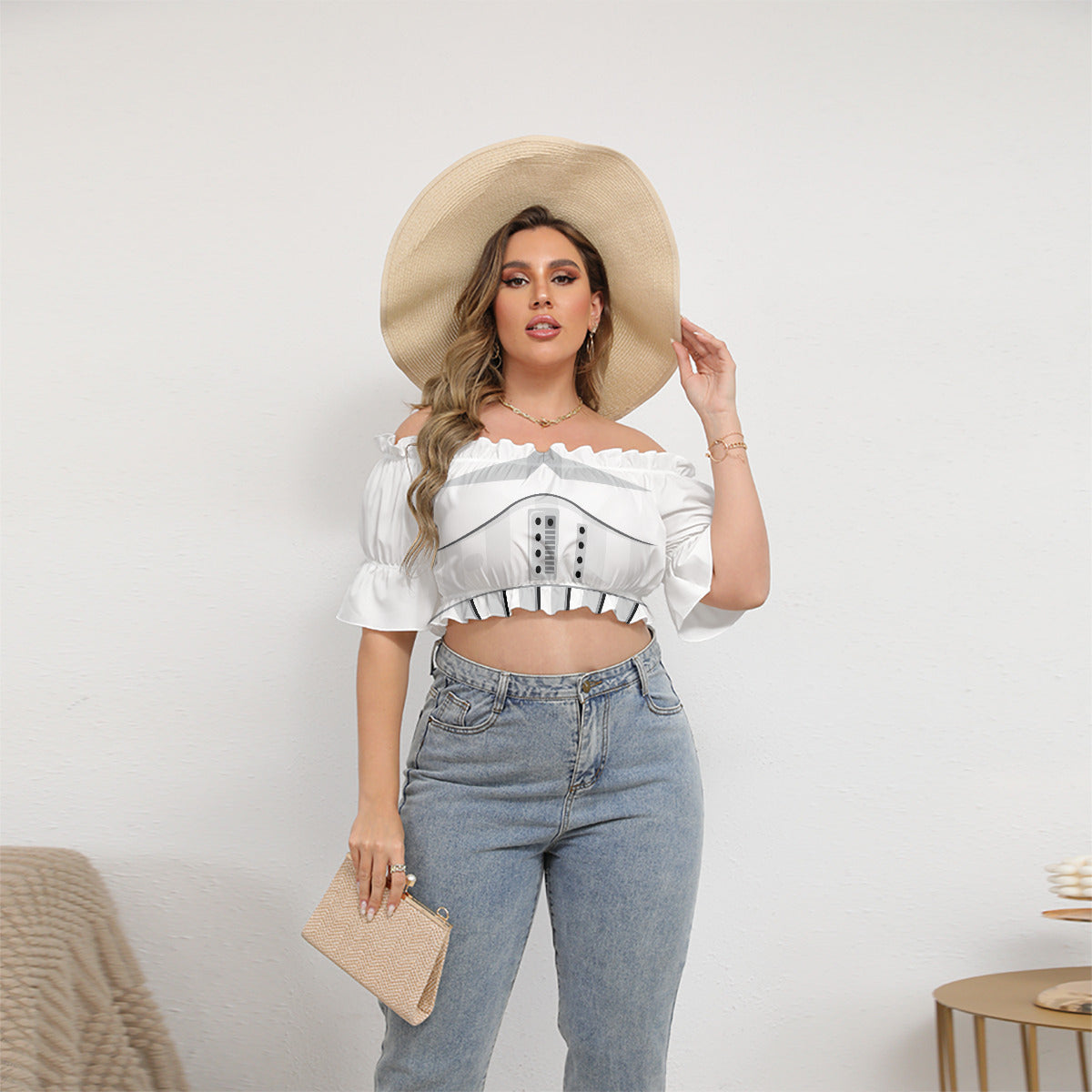 Stormtrooper Women's Off-Shoulder Cropped Top With Short Puff Sleeve